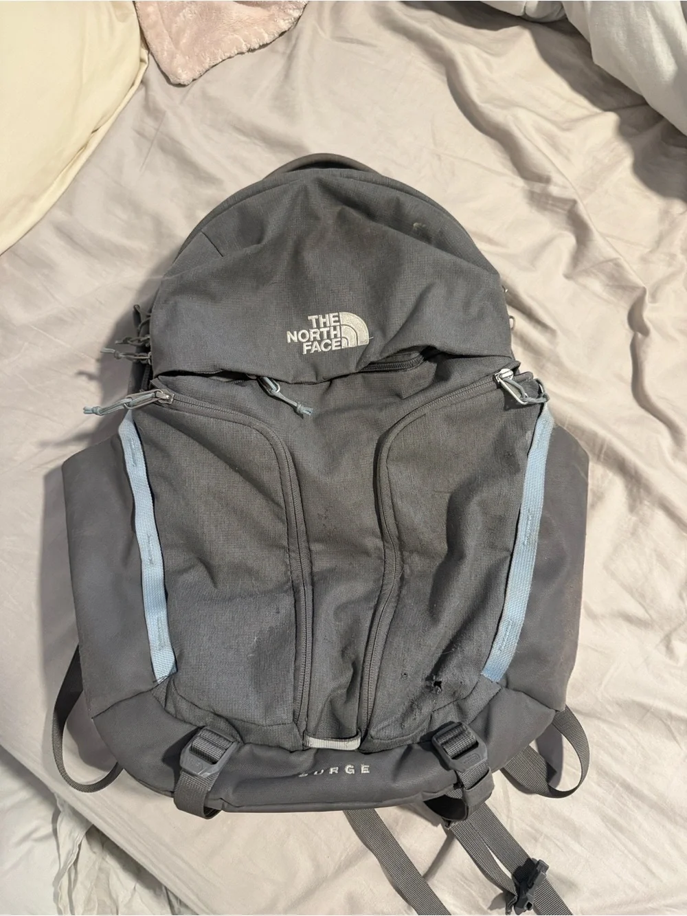The North Face Gray Backpack with Light Blue Trim